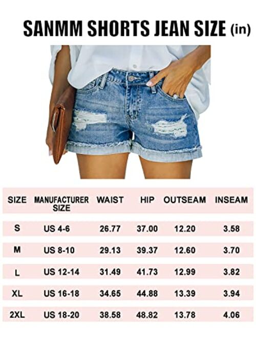 SANMM Women Denim-Shorts Summer-Ripped-Jean Mid-Waisted - Casual Stretchy Folded Hem Hot Short Jeans