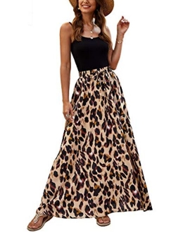 Bluetime Women Leopard Print Long Skirts Chiffon Summer Beach Pleated Elastic High Waisted Maxi Skirts
