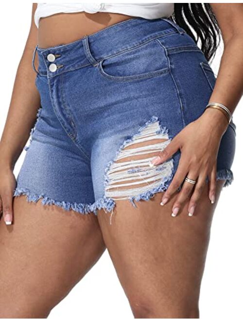 ALLEGRACE Sexy Plus Size Denim Shorts Women Distressed High Waist Shorts with Pockets