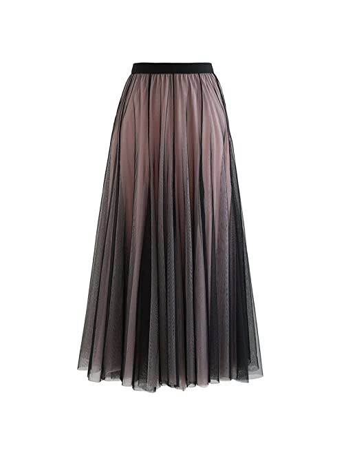 CHICWISH Women's Lilac/Cream/Grey/Pink/Black Layered Mesh Ballet Prom Party Tulle Tutu A-Line Maxi Skirt