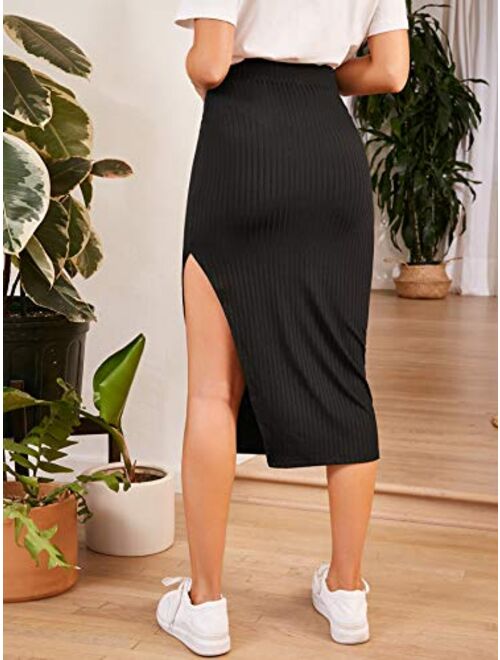 SheIn Women's Slit Bodycon Midi Skirt Split Ribbed Knit Pencil Skirts