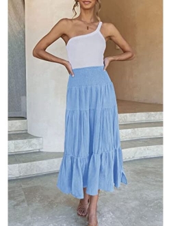 Women's Casual High Elastic Waist Solid Color Ruffle A Line Swing Midi Skirt