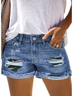 Happy Sailed Womens Ripped Denim Jean Shorts Casual Mid Rise Folded Hem Jeans Shorts with Pocket(S-XXL)