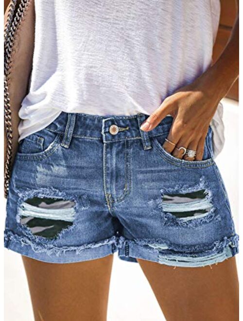Happy Sailed Womens Ripped Denim Jean Shorts Casual Mid Rise Folded Hem Jeans Shorts with Pocket(S-XXL)