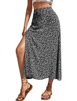 CHARTOU Women's Summer High Waist Floral Print Side Slit Midi Long Beach Boho Skirt