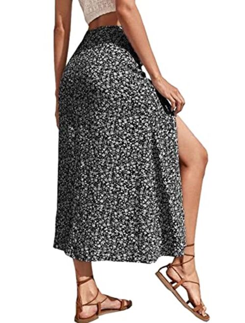 CHARTOU Women's Summer High Waist Floral Print Side Slit Midi Long Beach Boho Skirt