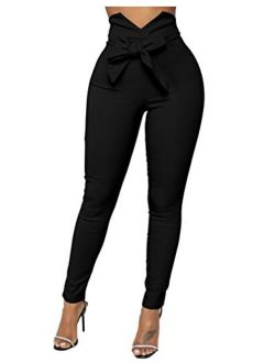 XXTAXN Women's Casual High Waist Stretch Trousers Solid Pencil Pants with Tie