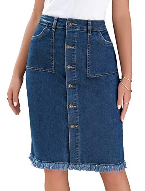 luvamia Women's Casual Mid Rise Button Down Frayed Raw Hem Denim Jean Midi Skirt