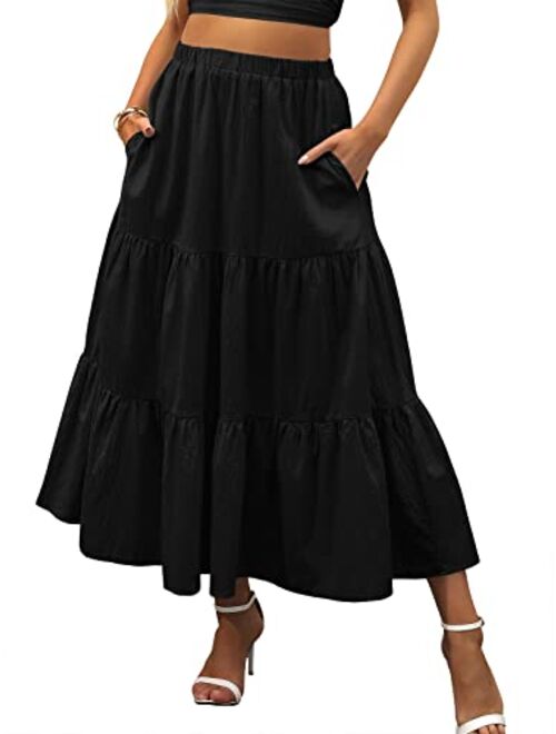 ANRABESS Women’s Summer Boho Elastic Waist Pleated A-Line Flowy Swing Tiered Long Beach Skirt Dress with Pockets