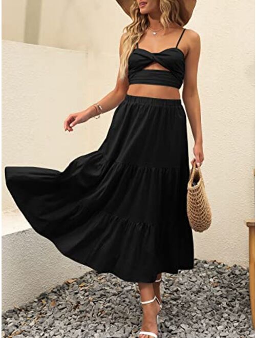 ANRABESS Women’s Summer Boho Elastic Waist Pleated A-Line Flowy Swing Tiered Long Beach Skirt Dress with Pockets