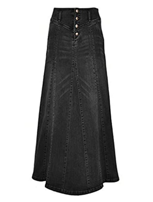 CHARTOU Women's Retro Exposure Button-Fly Packaged Hip A-Line Maxi Long Denim Skirt