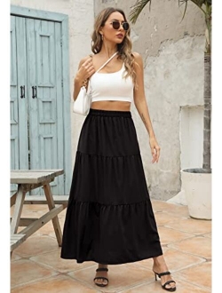 Annebouti Women Summer Boho Elastic High Waist Pleated A Line Tiered Maxi Skirt