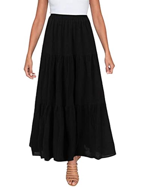Annebouti Women Summer Boho Elastic High Waist Pleated A Line Tiered Maxi Skirt