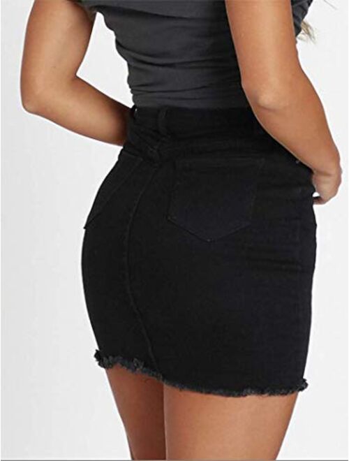 Tsher Jean Skirt Women's High Waisted Fringed Slim Fit Elastic Bodycon Mini Denim Skirt