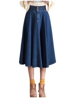 Tanming Women's Casual Vintage Elastic Waist Flared Pleated Midi Denim Jean Skirt