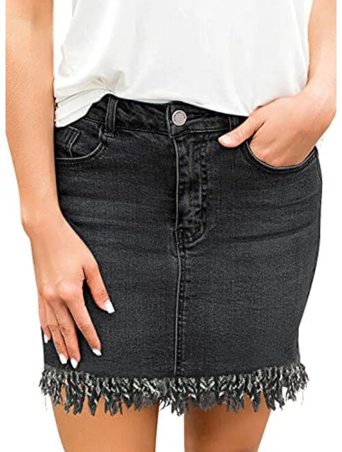 GRAPENT Women's Casual Mid Rise Ripped Pockets Distressed Short Denim Jeans Skirt