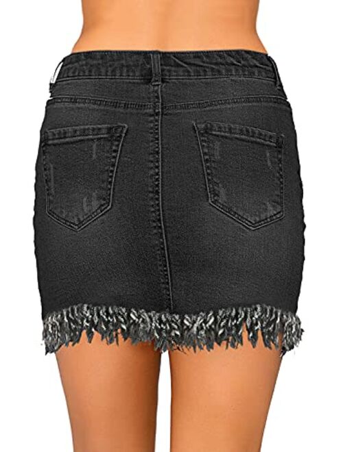 GRAPENT Women's Casual Mid Rise Ripped Pockets Distressed Short Denim Jeans Skirt