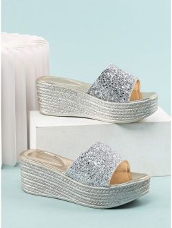 Glitter Sequins Decor Wedge Slide Sandals