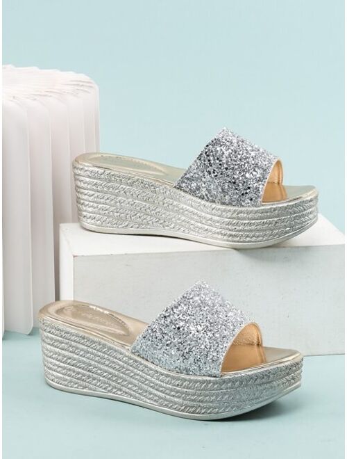 Shein Glitter Sequins Decor Wedge Slide Sandals