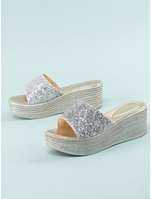 Shein Glitter Sequins Decor Wedge Slide Sandals