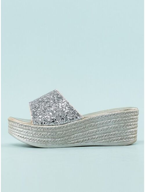 Shein Glitter Sequins Decor Wedge Slide Sandals
