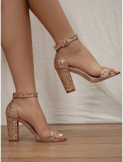 Glitter Decor Two Part Chunky Heeled Sandals