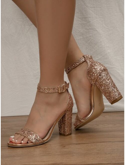 Shein Glitter Decor Two Part Chunky Heeled Sandals