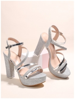 Glitter Metallic Detail Chunky Heeled Ankle Strap Sandals