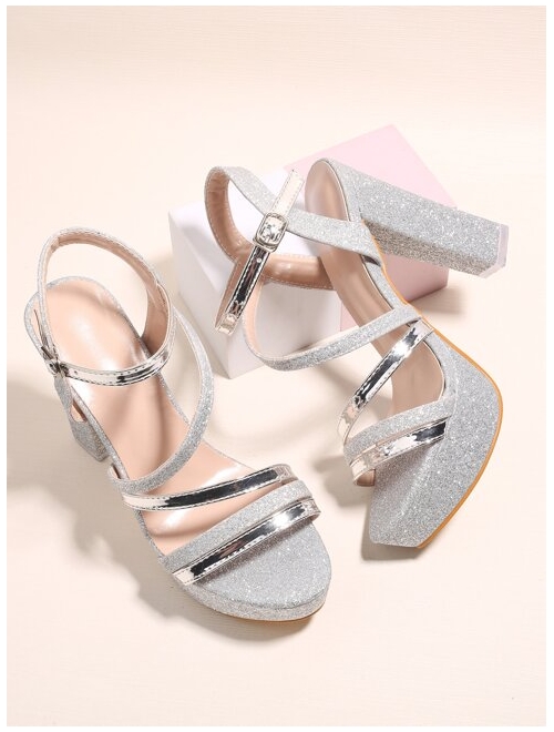 Shein Glitter Metallic Detail Chunky Heeled Ankle Strap Sandals