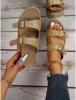 Glitter Buckle Decor Flatform Slide Sandals