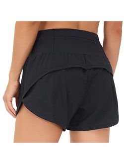Womens High Waisted Running Shorts Quick Dry Athletic Workout Shorts with Mesh Liner Zipper Pockets