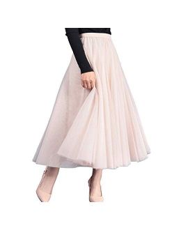 FEOYA Womens Long Tulle Skirt Pleated A Line Layered Tutu Skirt High Waist Elastic Mesh Flowy Maxi Skirt for Wedding Party