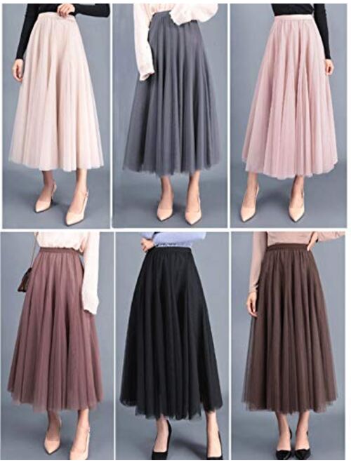 FEOYA Womens Long Tulle Skirt Pleated A Line Layered Tutu Skirt High Waist Elastic Mesh Flowy Maxi Skirt for Wedding Party