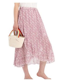 ThCreasa Womens Boho Floral Print High Waisted Wrap Skirts Ruffle Hem Tie Knot Summer Chiffon Flowy Midi Skirts