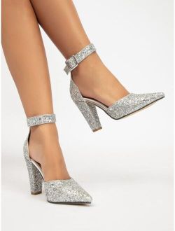 Glitter Detail Chunky Heeled Ankle Strap Pumps