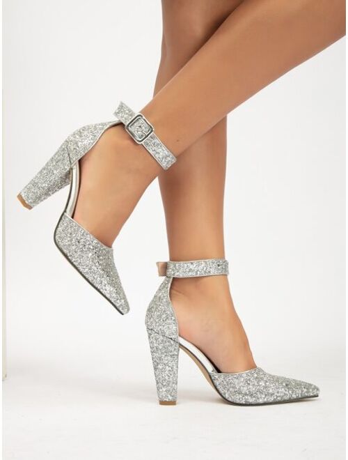 Shein Glitter Detail Chunky Heeled Ankle Strap Pumps