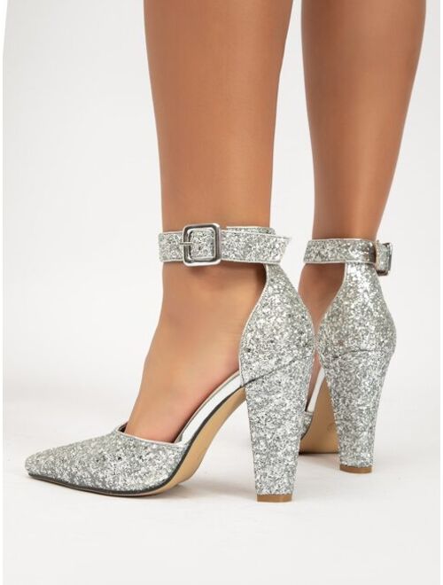 Shein Glitter Detail Chunky Heeled Ankle Strap Pumps