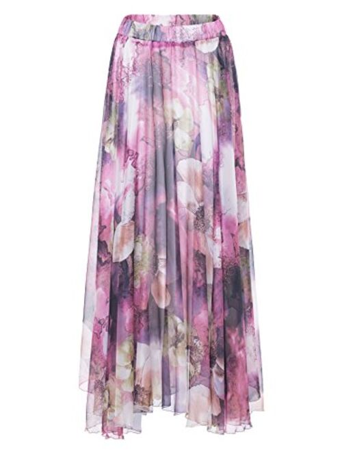 CHARTOU Women's Elegant Summer Full Length Boho Floral Print Pleated Chiffon Long Maxi Skirt Dress