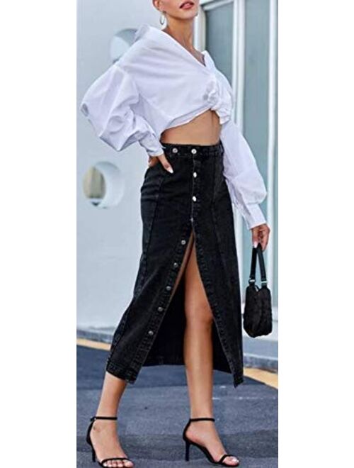 ELSTAROA Women's Casual High Waisted Solid Button Up Denim Jean Skirt