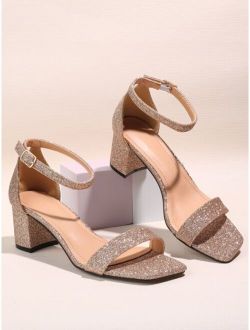 Glitter Chunky Heeled Ankle Strap Sandals