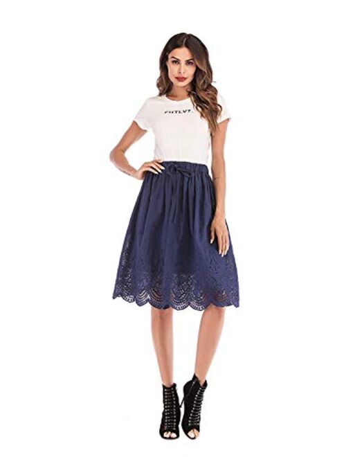 Love Welove Fashion Women's Summer Cotton A-line Flared Embroidered Knee Length with Lining Knee Length Skirt