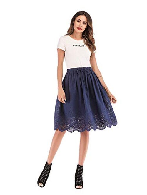 Love Welove Fashion Women's Summer Cotton A-line Flared Embroidered Knee Length with Lining Knee Length Skirt