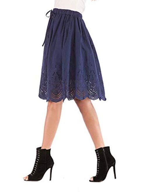 Love Welove Fashion Women's Summer Cotton A-line Flared Embroidered Knee Length with Lining Knee Length Skirt
