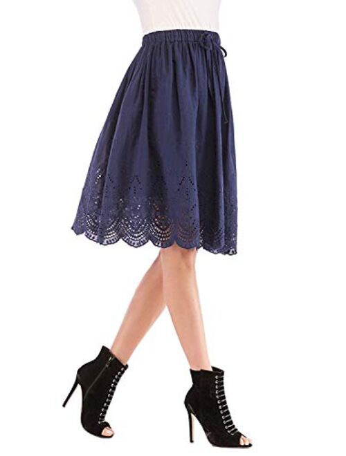 Love Welove Fashion Women's Summer Cotton A-line Flared Embroidered Knee Length with Lining Knee Length Skirt