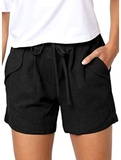 Womens Casual Drawstring Elastic Waist Comfy Cotton Linen Shorts