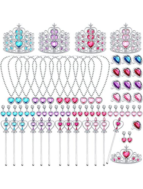 Chunyin 12 Princess Jewelry Toys Princess Pretend Play Set Princess Jewelry Party Favors Costume Jewelry for Girls Dress up Party Favors, Crown Wand Ring Earring Necklace