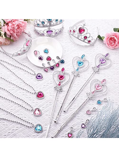 Chunyin 12 Princess Jewelry Toys Princess Pretend Play Set Princess Jewelry Party Favors Costume Jewelry for Girls Dress up Party Favors, Crown Wand Ring Earring Necklace