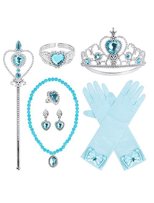 Cocojeci Princess Dress Up Party Accessories for Princess Jewelry Costume Gloves Tiara Wand Necklace Earrings Bracelet and Ring Gift Set 9pcs