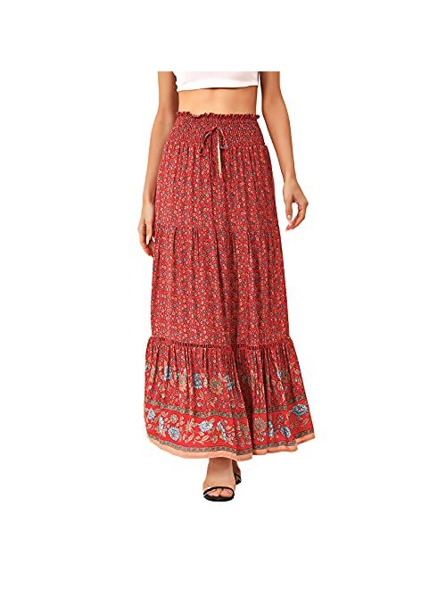 American Trends Womens Boho Skirt for Women Floral A Line Midi Skirt Ruffle High Waist Swing Maxi Dresses