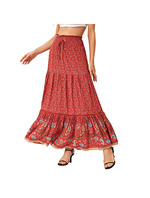 American Trends Womens Boho Skirt for Women Floral A Line Midi Skirt Ruffle High Waist Swing Maxi Dresses